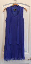 DKNY Pleated Chiffon Trapeze Dress Size 4 Royal Blue Split Tie V-Neck Sleeveless - £13.39 GBP