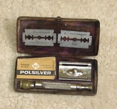 Vintage Shaving Set Detachable Hand Hammered Metal Box Free Polsilver Ra... - $24.74