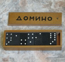 Vintage Bulgarian Dominoe 28 Pieces Set Wooden Box Signed Cyrillic Letters - £20.18 GBP