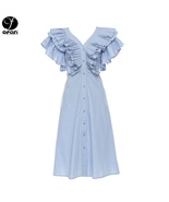 Romantic and beautiful heavy industry pleated v-neck long lace-up shirt ... - £52.48 GBP+