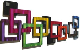 Colorful &quot;Interlocking Squares&quot; Geometric Wood Wall Sculpture by Alisa- 40x14 - £197.37 GBP