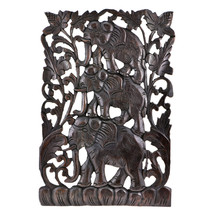 Loving Trio of Elephants in a Forest 12in x 18in Carved Panel Wall Art - £31.06 GBP
