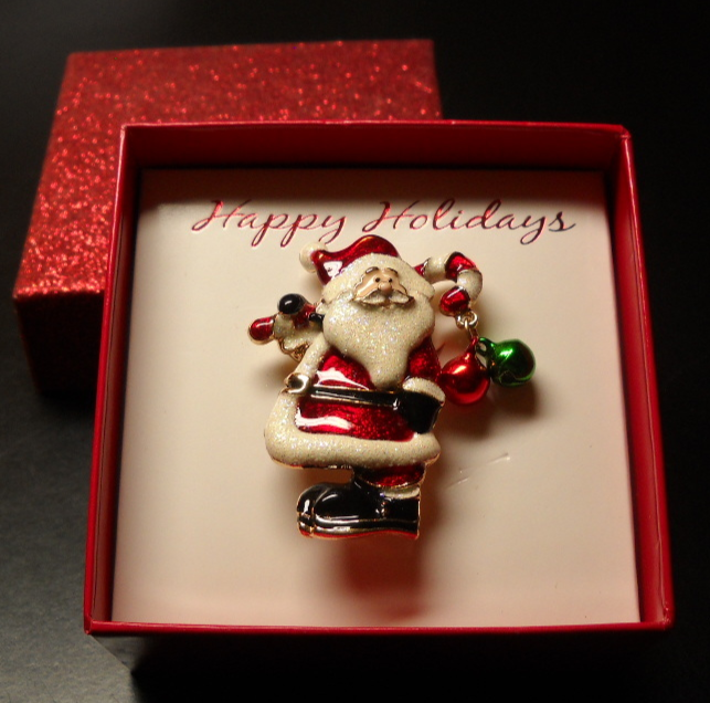 Christmas Pin Santa Cane and Jingle Bells Cloisonne Type Enamel Treatment Box - $9.99