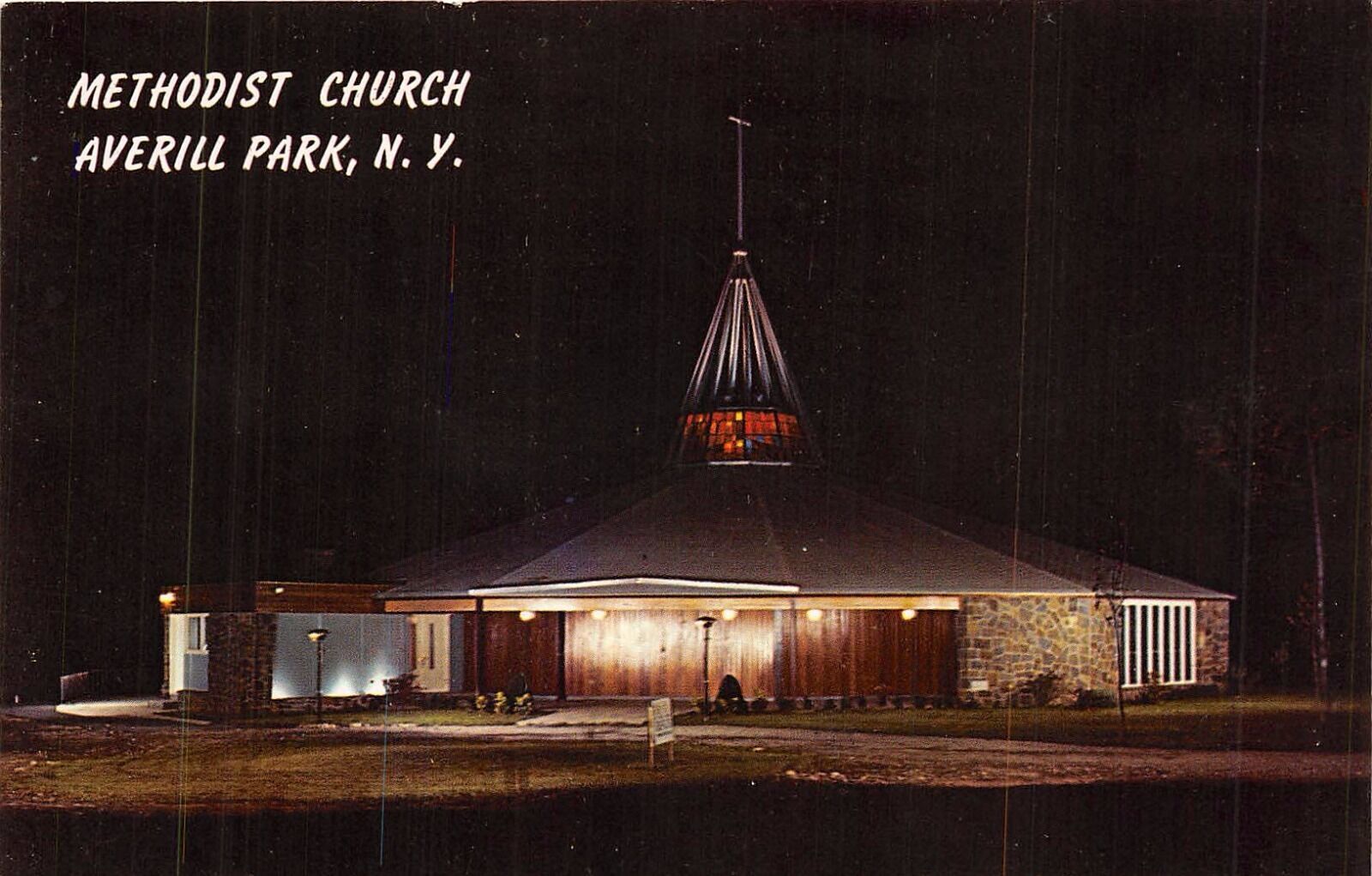 Primary image for AVERILL PARK  NEW YORK METHODIST CHURCH AT NIGHT POSTCARD 1960s