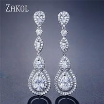 ZAKOL Water Drop Pear Cubic Zircon Long Dangles Elegant Earrings for Women Brida - £16.49 GBP