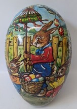 Vintage (Germany) Lg 10&quot; Paper Mache Easter Egg Candy Container w/ Bunny Rabbits - £60.32 GBP
