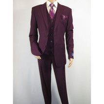 Men BERRAGAMO 3pc Suit Vested Plain front Pants Side Vents Formal A6732 Burgundy image 3