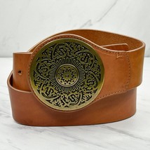 Chico&#39;s Vintage Brown Genuine Leather Medallion Buckle Belt Size Medium ... - £23.67 GBP