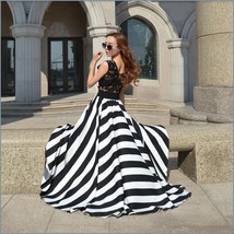 Black and White Full Waves Flare Gown with Blace Lace Bodice Summer Dress - £50.47 GBP