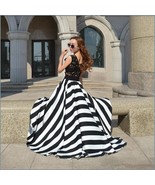 Black and White Full Waves Flare Gown with Blace Lace Bodice Summer Dress - £50.31 GBP