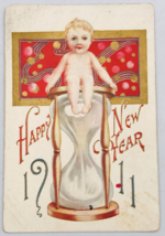 Antique 1911 Embossed Happy New Years Baby on Hourglass Postcard 3.5&quot; x 5.5&quot; - £6.78 GBP