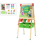 Wooden Kids Easel w/Paper Roll Double Side Multiple-use Magnetic Whitebo... - $81.29 CAD