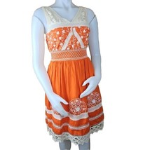 Moulinette Soeurs Anthro Dress Womens 0 Orange Crochet Medallion Smocked... - £29.83 GBP