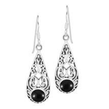 Vintage Style Swirl Filigree Teardrop Black Onyx Sterling Silver Earrings - £15.50 GBP