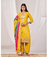 Yellow Embroidered Chinon Suit Set with Multi-Color Dupatta for haldi fu... - $70.00