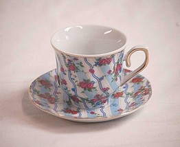 Classic Jay &amp; Sons Demitasse Tea Cup &amp; Saucer Set Red Floral w Blue Wavy... - $14.84