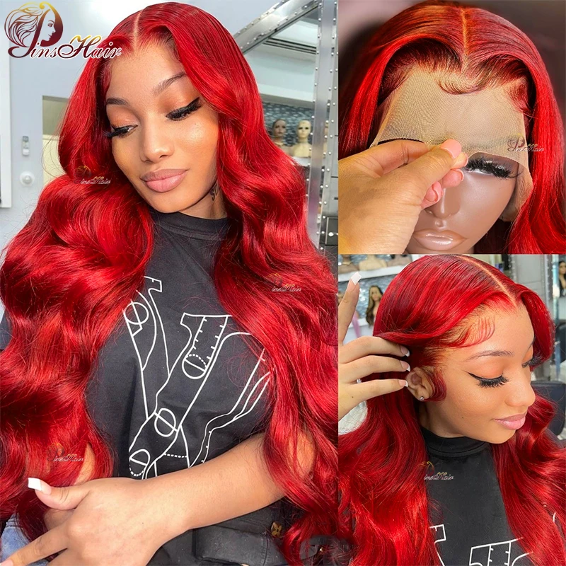 Red Color Lace Front Human Hair Wigs Body Wave 13x6 Transparent Lace Frontal W - £106.11 GBP+