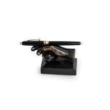 Bey Berk Bronzed Finished Hand Pen Holder with Black Marble Base Bronze &amp; Black - £59.79 GBP