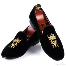 New Hand Crafted Black Velvet Slippers Crown Embroidery Anchor Party Loafer Shoe - £112.83 GBP