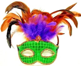 Mardi Gras Venetian Mask Green With Purple &amp; Brown Feathers Halloween - $18.69