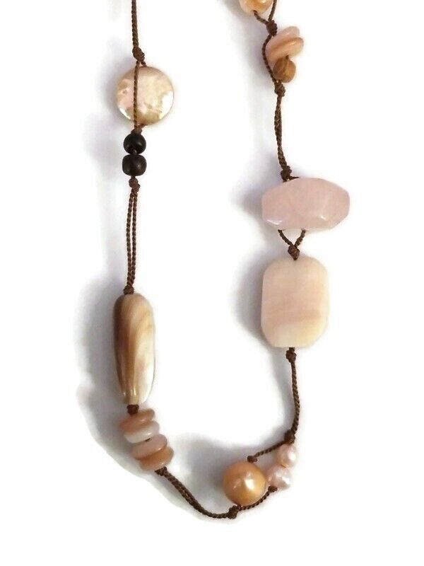 Primary image for Silpada Long Geometric Pale Pink Gemstone Wooden Beaded Necklace