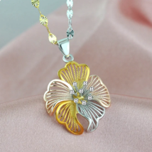 Platinum/18K Fine S925 Sterling Silver Tri-Tone Flower Pendant Necklace - 43cm - £93.43 GBP