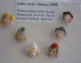 RARE VTG Antique Glass Realistic Head Buttons LADIES OF NATIONS  EXCELLE... - £108.02 GBP