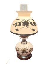 Vintage Milk Glass Hurricane Table Lamp Floral Brass Base Works 16.75” image 2