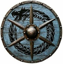 Medieval Handmade Wooden Viking Shield Dragon Warrior Wood Round Shield Decor - £153.61 GBP