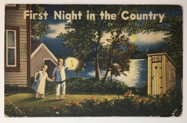 Humor Postcard First Night In The Country - Man/Woman Outhouse 1938 vtg Linen - £3.90 GBP