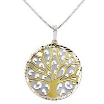 Sterling Silver 925 Two-Toned Round Tree Pendant Necklace - £33.47 GBP