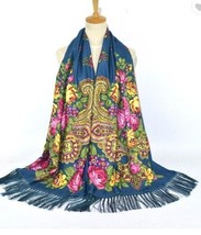 Winter Ladies Russian Floral Tassel Scarves Shawls Teal Cotton Scarf New - $18.47