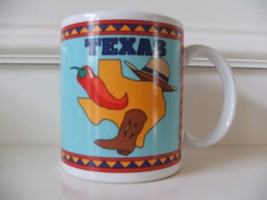 Texas Coffee Cup Mug PAPEL Freelance Hat Boot Chili Pepper Blue Red Brow... - $18.80