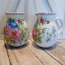 VTG Ceramic Pottery Matching Pitcher And Vase Hand Painted Floral Design Signed  - £12.96 GBP