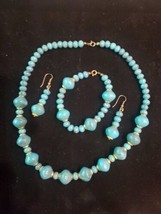 Vintage turquoise look bead Necklace Bracelet &amp; Earrings set 1960&#39;s boho Chunky  - £22.93 GBP