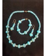 Vintage turquoise look bead Necklace Bracelet &amp; Earrings set 1960&#39;s boho... - £22.58 GBP