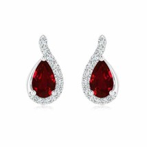 ANGARA Pear Ruby Earrings with Diamond Swirl Frame in 14K White Gold - £702.96 GBP