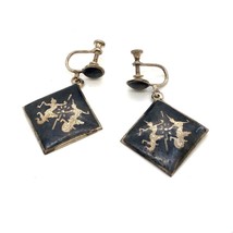 Vtg Sterling Sign Amfarco Siam Black Enamel Goddess Dangle Screw Back Earrings - £42.64 GBP