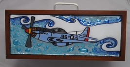 P51 Mustang WWII Plane Fused Art Glass Wood Treasure Box Jewelry Tea Bag... - $44.50