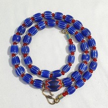 Vintage Venetian White heart With Blue Glass Chevron Beads Necklace. - $38.80