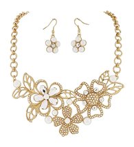 HW Collection Flower Leaf Charms Cream Imitation Pearls Goldtone Necklace and Ea - £18.00 GBP
