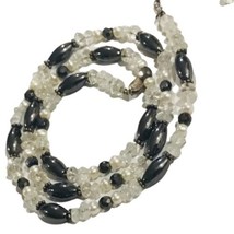 Vintage Artisan Pearl Onyx Druzy Quartz Sterling Silver Necklace 32 Gr-22” - £90.11 GBP