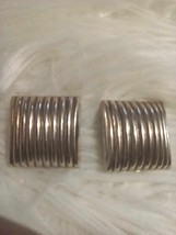 Estate Vintage Clip BIG Earrings Modern Square Ribbed Silver Tone Indust... - £7.89 GBP