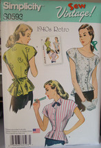 New Retro 1940s Pattern 0593 Misses  Blouse sizes 6-14 - $11.49