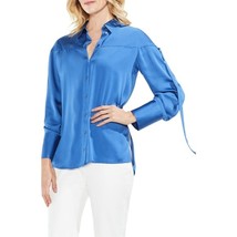 NWT Womens Size Small Vince Camuto Blue Drawstring Sleeve Satin Blouse Top - £22.76 GBP