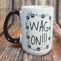 Dog Paw Print Wag On! Ceramic Coffee Mug 16 oz Black White Pet Lover Gift - £14.18 GBP