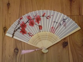 Japanese Art Print Silk Hand Folding Fan Fashion Decor Red Blossoms &amp; Crane Bird - £12.51 GBP