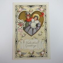 Postcard Greeting Valentine Antique Couple Man Top Hat Woman Winter Muff Heart - £7.87 GBP