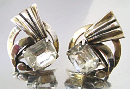 Retro Art Moderne Sterling Crystal Rhinestone Earrings Signed 1940&#39;s - £30.54 GBP