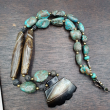Antique Himalayan Tibetan Agate, Turquoise Amulet Beads Necklace TRQ2 - £248.12 GBP